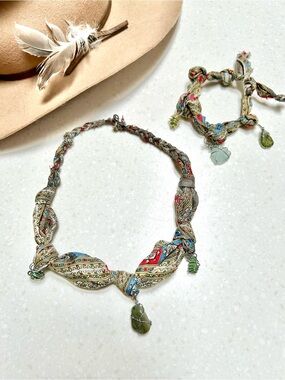 SILK Artisan Set scarf/bracelet w rustic BEACH hippy Gypsy southwestern vibe